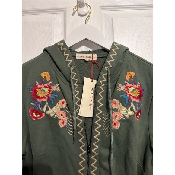 Solitaire Womens Jacket M Green Embroidered Floral Hoodie Full Zip Boho Cottage - Picture 2 of 5